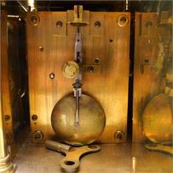 English-17th-century style replica 8-day lantern clock with a suspended bell and turned finials, with three ornate frets to the front and sides and opening side and rear doors, with an engraved dial centre and formerly silvered chapter with engraved Roman numerals, inner quarter hour track and period steel hands, dial engraved 
