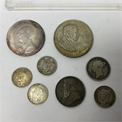 South Africa 1897 one shilling, 1967 one rand, Ireland 1928 two shillings and sixpence, Netherlands 1930 two and a half gulden, two Queen Elizabeth II Canada one dollar coins dated 1958 and 1964, 1967 six coin set in plastic holder etc