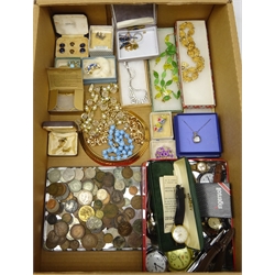  Silver REME sweetheart brooch, vintage and later costume jewellery, George V 1918 half crown, high grade, other pre 1947 coinage, Accurist quartz wristwatch, Gents Summit cased wristwatch, Smiths stopwatch, other timepieces and jewellery in one box  