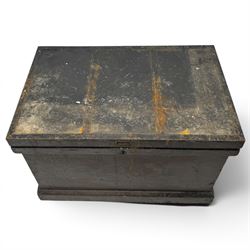 20th century black painted camphorwood lined tool chest, rectangular hinged lid over moulded edge, black painted exterior with iron straps and carry handles, the interior fitted with sliding lidded trays and drawers with turned handles, containing an assortment of hand tools