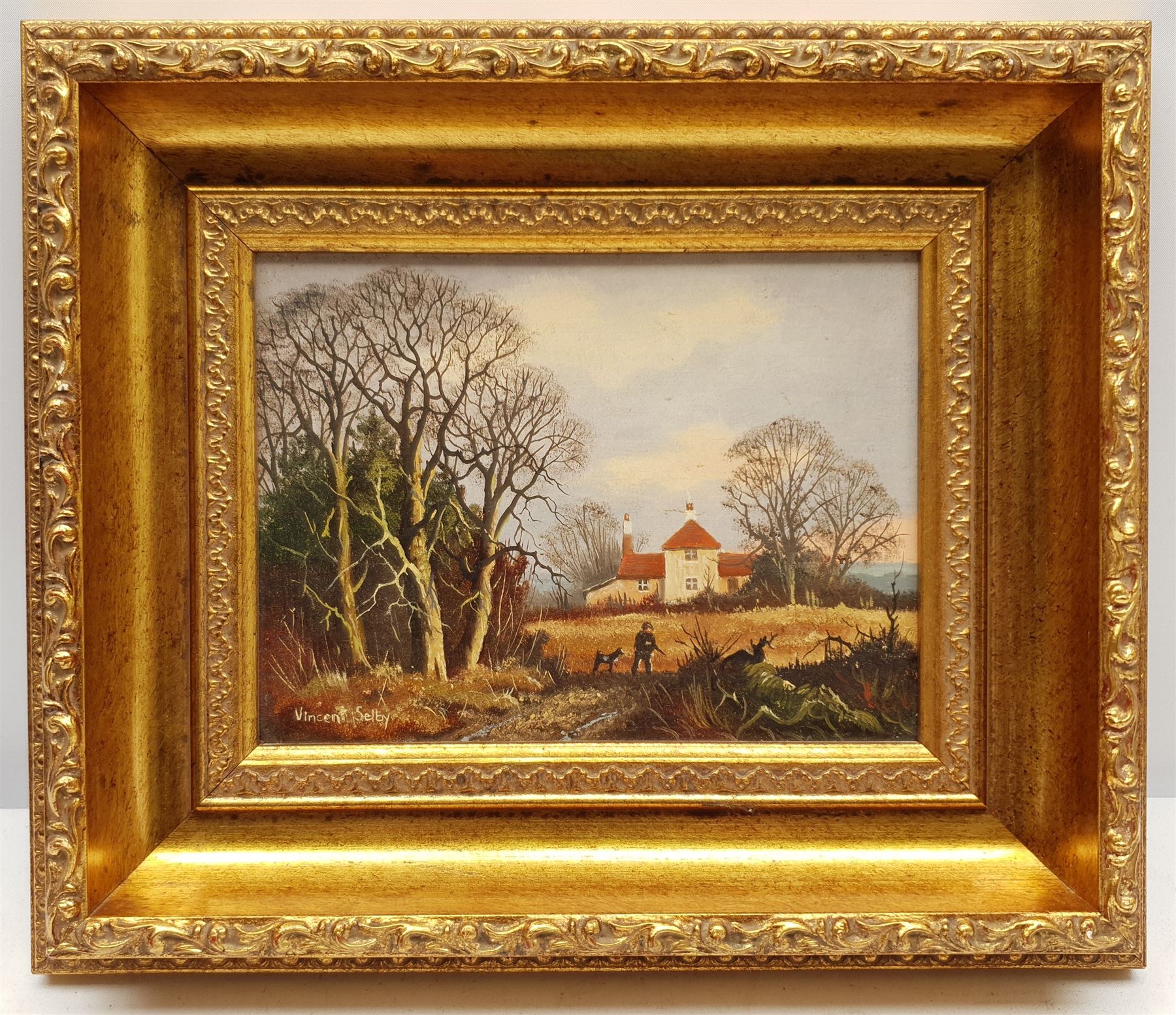 Vincent Selby (British 1919-2004): Figure and Dog on a Country Path, oil on panel signed 14cm x 19cm