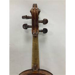 19th century full sized violin in a later hard case, decorative mother of pearl inlay to the tail piece Overall length 60cm No bow
