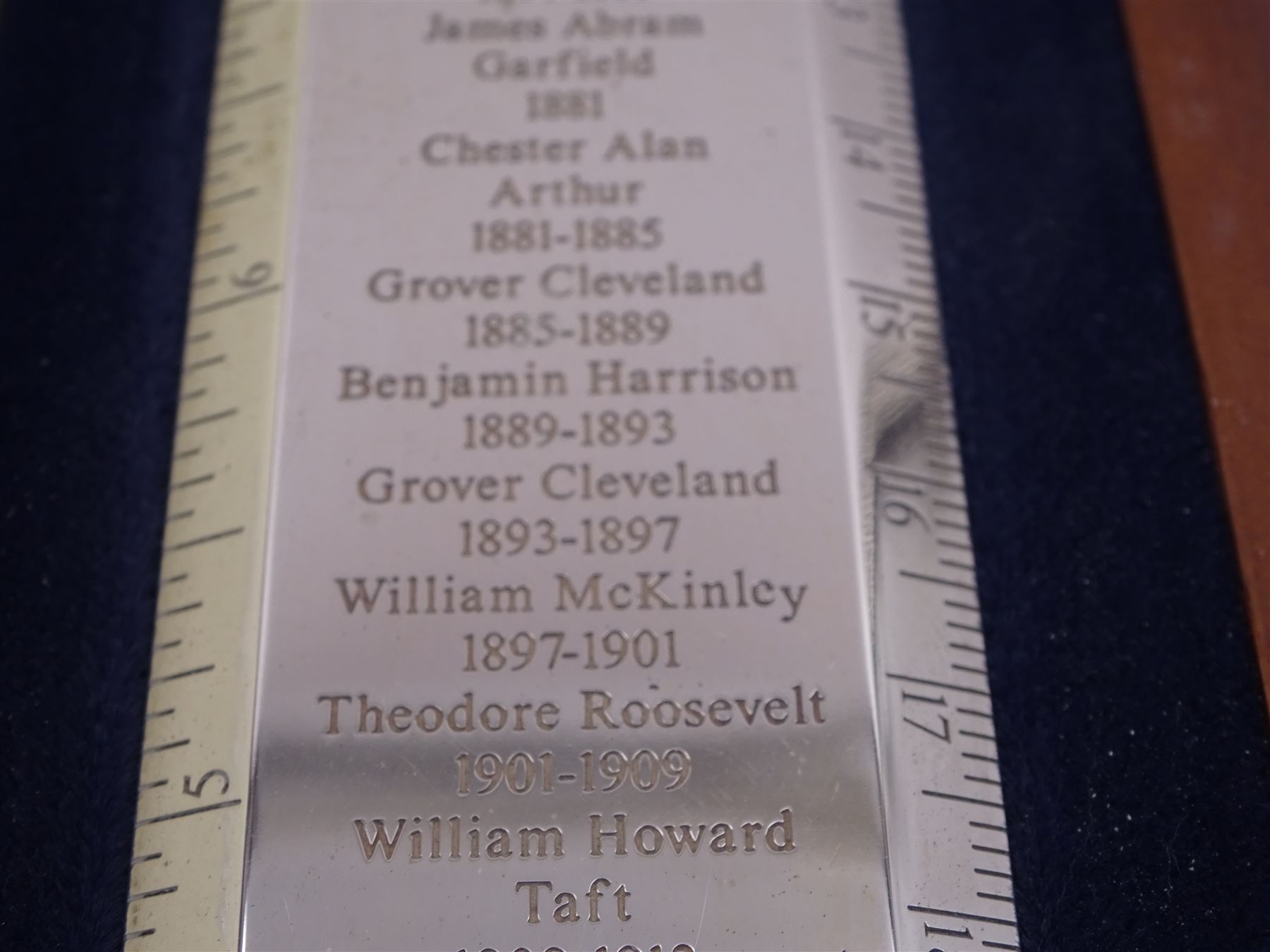 Modern silver 'Presidents Rule' ruler, by Richard Jarvis of Pall Mall, engraved with the names and dates of American Presidents from 1789 to 2001,  hallmarked Richard Jarvis, London 2004, L33.5cm, within silk and velvet lined fitted case
