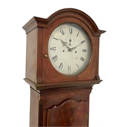 John Mudge of London – mahogany 8-day longcase clock with a break arch top c 1800, shallow cornice surround and circular glazed hood door, trunk with reeded, canted corners and wavy topped trunk door, square plinth raised on bracket feet,  silvered sheet dial with engraved Roman numerals, five-minute Arabic’s and minute track, with pierced steel hands and seconds dial, two train rack striking movement with a recoil anchor escapement. With weights and pendulum.