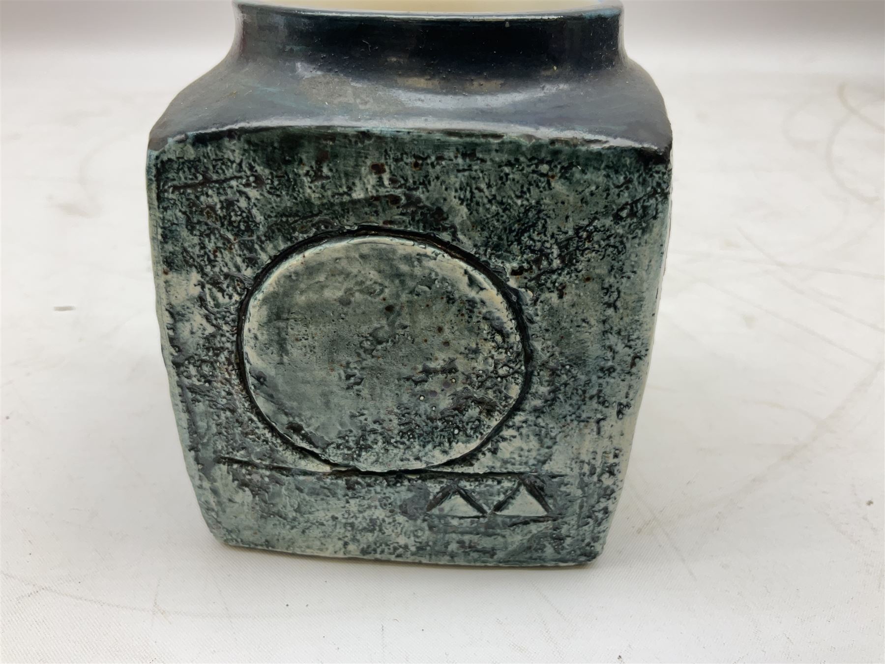 Troika cube vase, designed by Sally Bart, with a geometric design, with painted marks to base, H9.5cm.