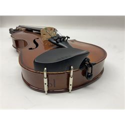 Three Stentor Student violins - three-quarter size with 33cm two-piece back; and two quarter size each with 28cm two-piece back; each in carrying case with bow (3)