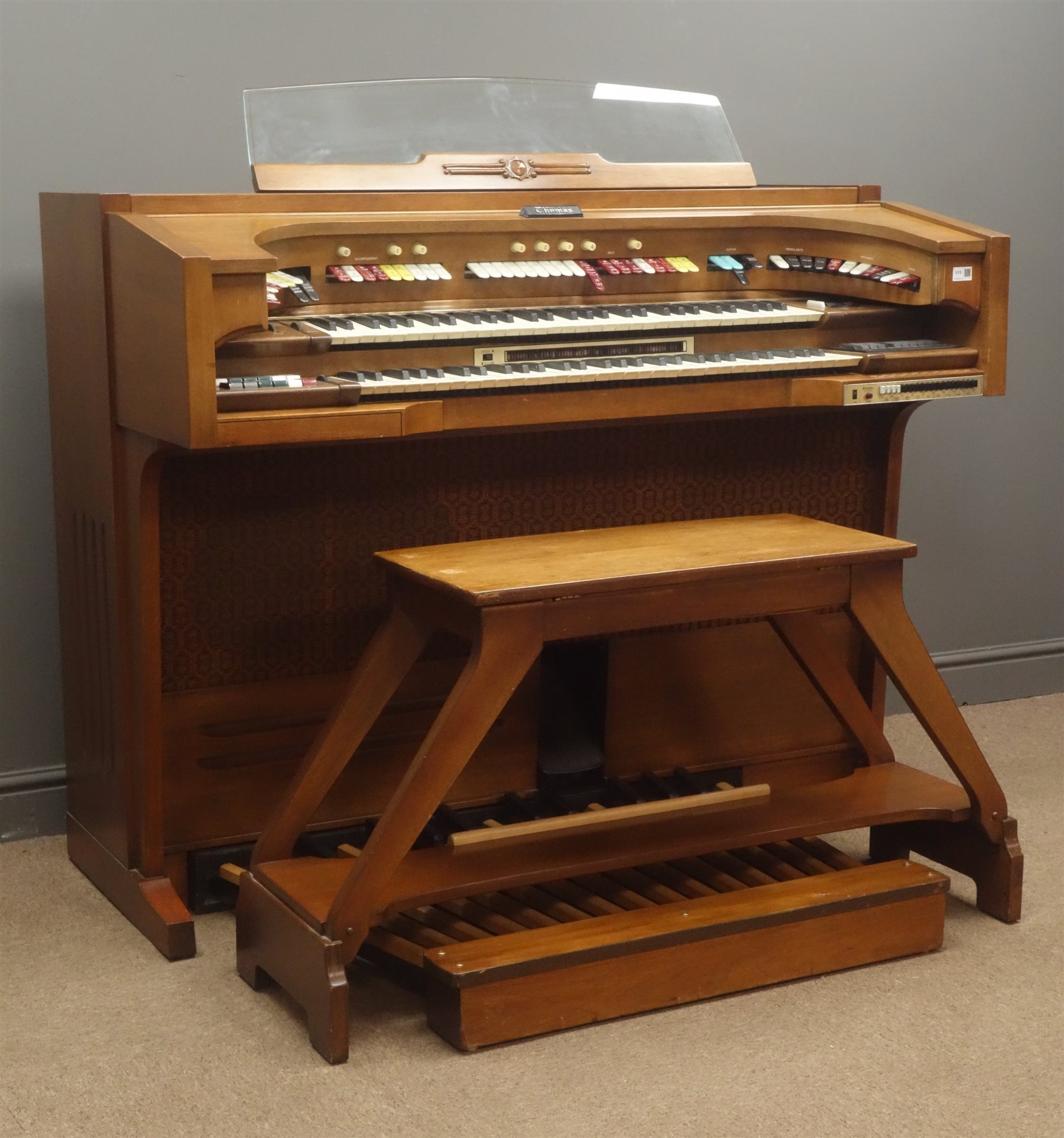 Thomas celebrity electric organ, mahogany body, (W138cm, H110cm, D72cm) and stool Antiques