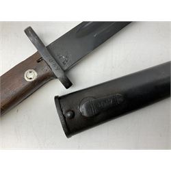 Yugoslavian Model 1948 bayonet with 25cm steel blade in steel scabbard both numbered 4069 L40cm overall; South African FN FAL bayonet numbered 204920 in plastic scabbard; and Enfield 1907 Model bayonet by Wilkinson with cut-down blade and scabbard (3)