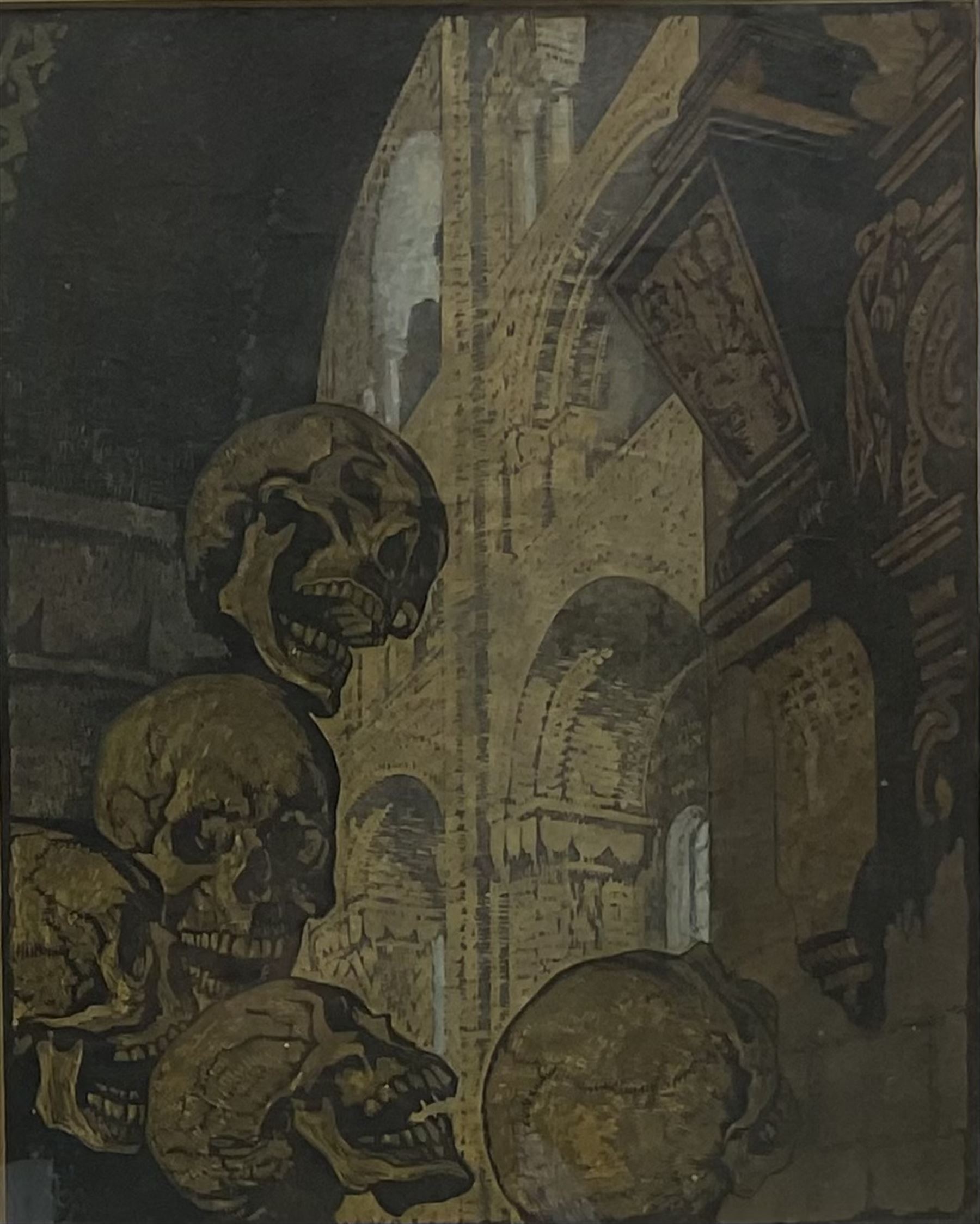 Haydn Reynolds Mackey (British 1881-1979): The Epitaph and the Epilogue, lino cut highlighted in white signed in pencil on the border and monogramed in the image 34cm x 27cm
Provenance: given to the vendor Neil Tyler, a pupil and fellow artist