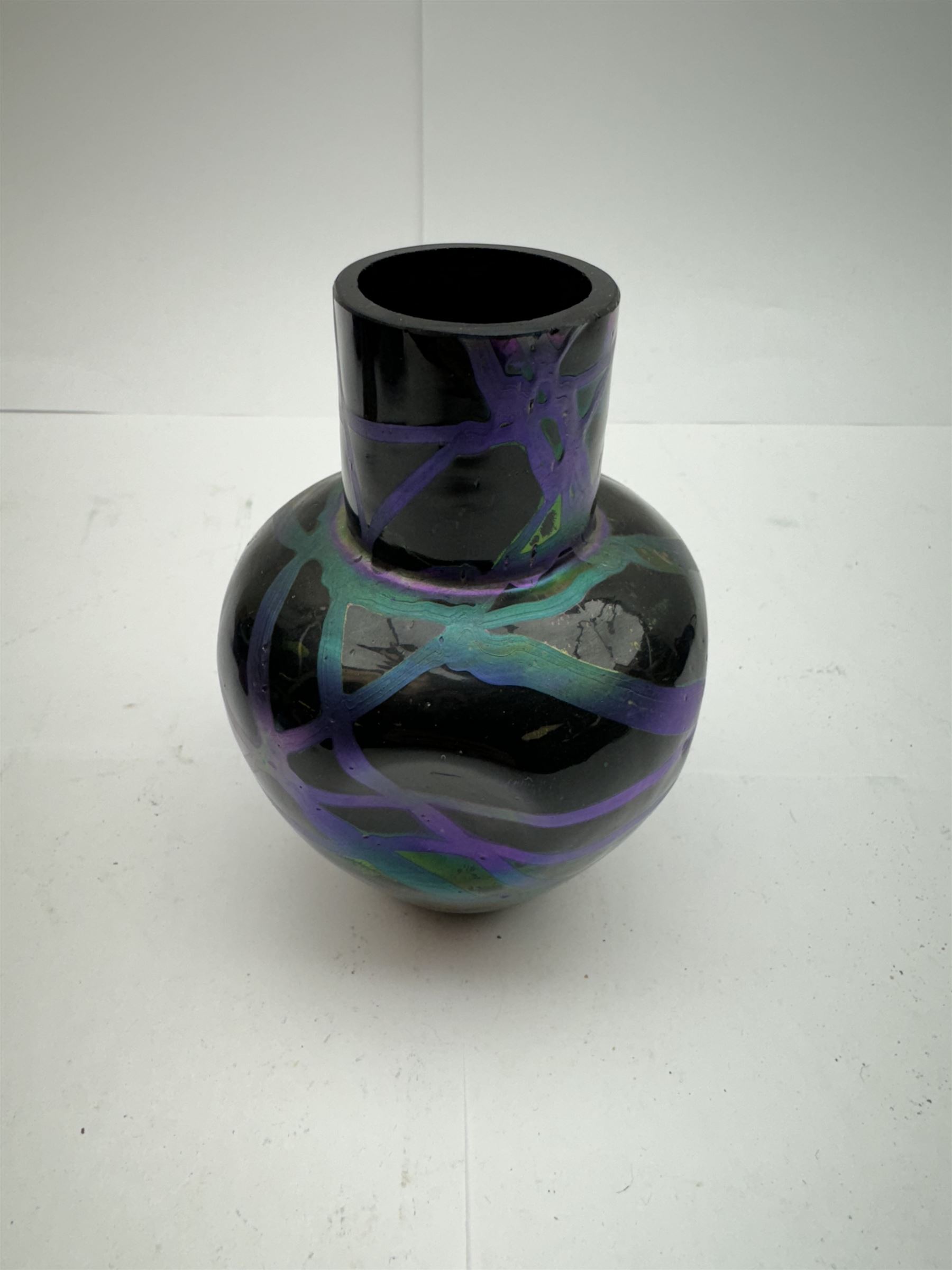Five Austrian Art Nouveau purple glass vases, to include a Pallme-Konig example, of tapering form with matte vein decoration, and two similar pairs, tallest H16cm