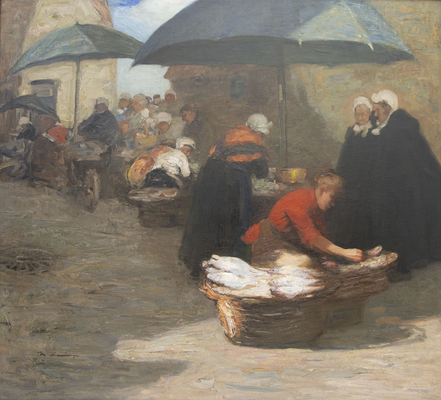 Mark Senior (Staithes Group 1864-1927): A Flemish Fishmarket, oil on canvas signed 90cm x 99cm 
Provenance: formerly in the collection of Mrs M.V. Hudson, the artist's daughter; Sotheby's London 10th May 1989 Lot 9; Christie's London 22nd November 1994 Lot 133; Christie's London 23rd November 2017 Lot 112. 
Exh. Royal Academy 1907, no. 886; exh. 'Mark Senior 1862-1927', Elizabethan Exhibition Gallery, Wakefield, 16th April - 2nd July 1983, no. 57. 
Notes: the Wakefield catalogue entry reads: 