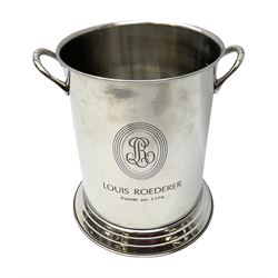 Lois Roederer champagne bucket of cylindrical form with twin handles, marked Lois Roederer monogram and detailed 'Louis Roederer Fonde en 1776', H24 D18cm