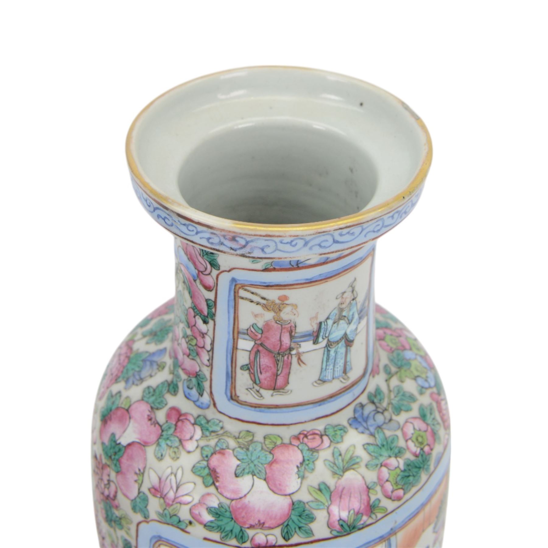 Pair of Chinese Canton famille rose vases, with panels of court terrace scenes surrounded by foliate borders, H35cm 