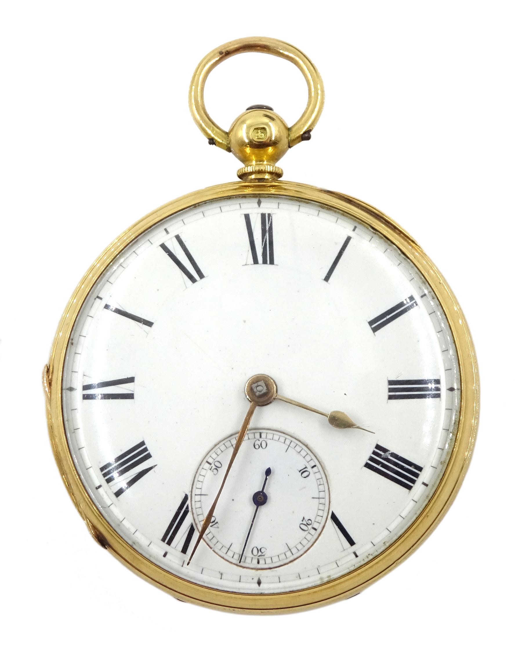 Victorian 18ct gold lever fusee pocket watch, No. 92828, engraved balance cock with flower decoration and diamond endstone, white enamel dial with Roman numerals and subsidiary seconds dial, the inner case inscribed 'William Brackenbury Darlington', Birmingham 1883