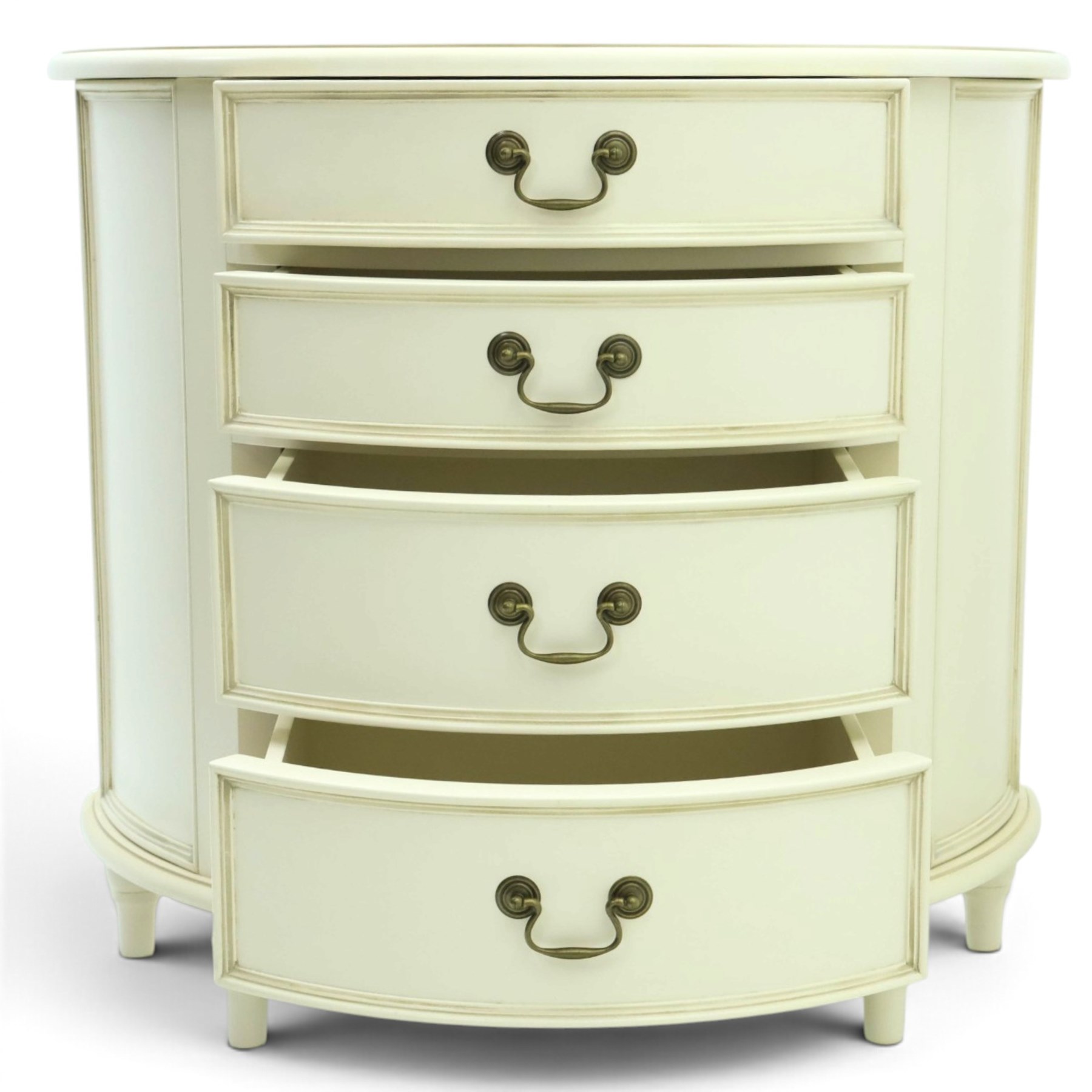 Laura Ashley - 'Clifton' demi-lune chest, fitted with four graduating bow-front drawers with brass swan neck handles, raised on turned supports, in ivory finish