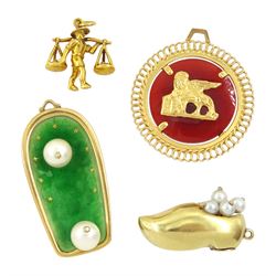 Four gold pendant / charms including 18ct gold hardstone set Winged Lion St Mark Venice, 9ct gold market seller, 14ct gold pearl clog shoe and an 18ct gold cultured pearl and green enamel surf board