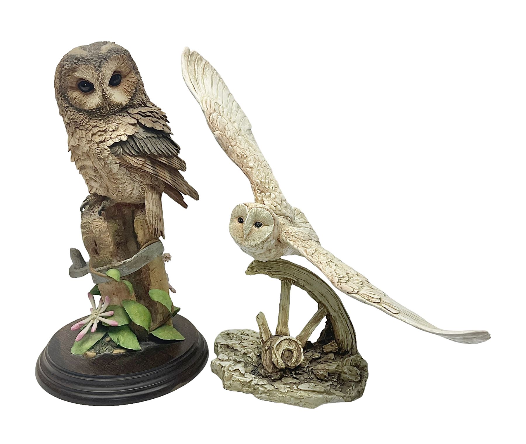 Border Fine Arts figure Barn Owl in Flight B1532, boxed with certificate, together with Country Artists figure Tawny Owl with Honeysuckle CA441, tallest H31.5cm