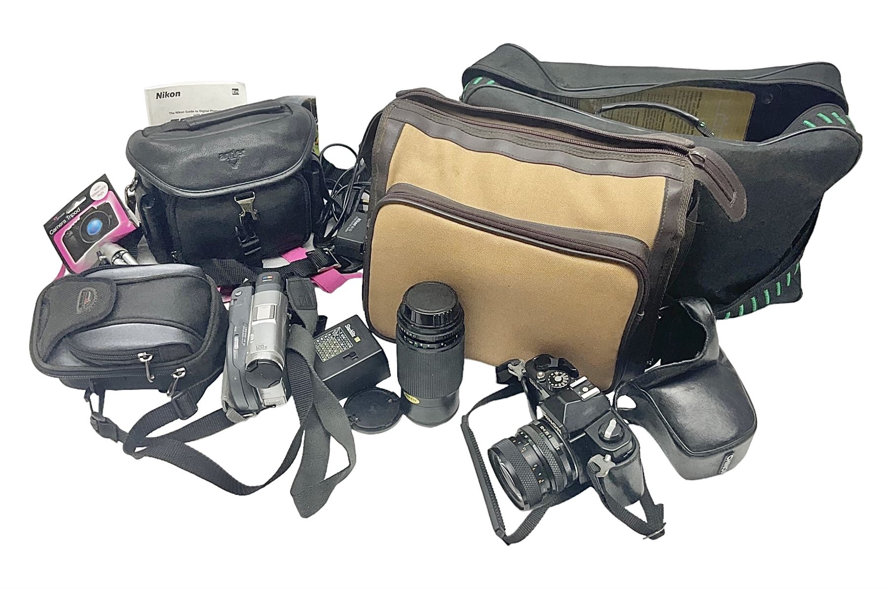 Nikon Coolpix 8700 camera, Sony video camera and Chinon CM-4 camera, with various accessories etc