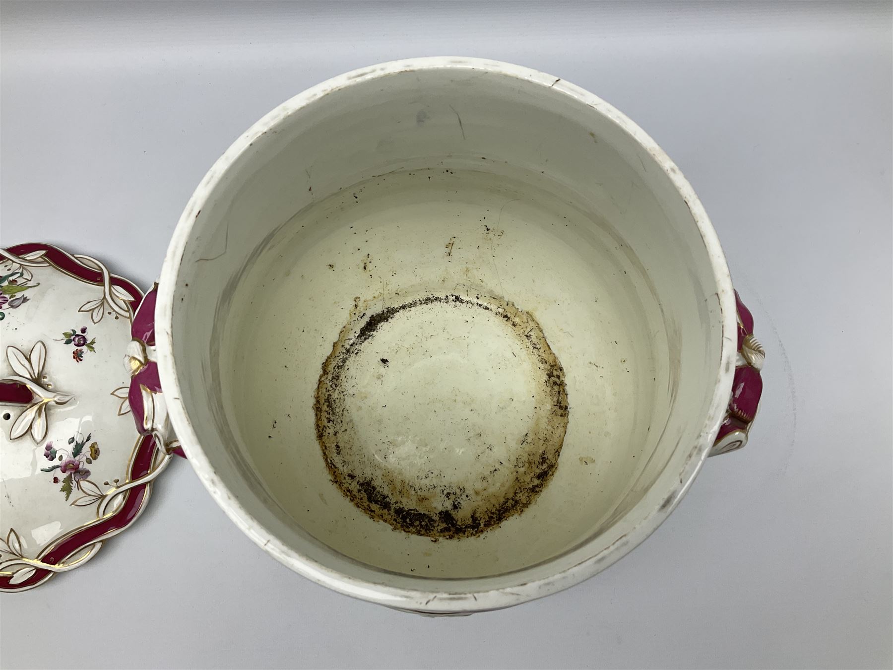 Large Victorian twin handled water pail and cover, of slightly bellied form decorated with floral sprays and moulded vine and ribbon detail, H36.5cm