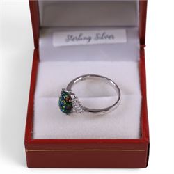 Silver opal doublet and cubic zirconia ring, boxed