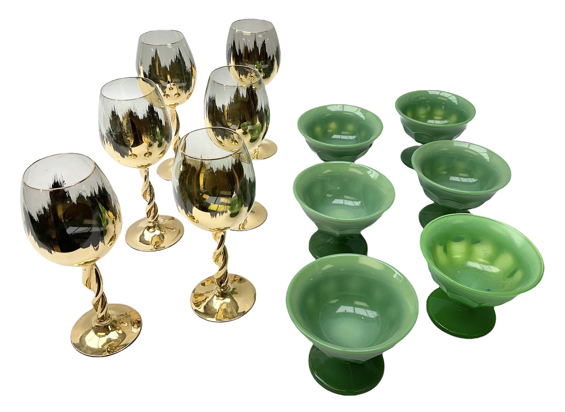Set of six Art Deco style green glass sundae dishes, H9cm along with set of six Bohemian style glasses with twisted gilt stems