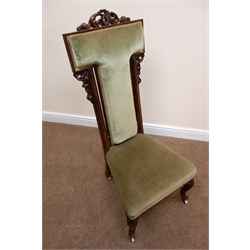  Victorian mahogany framed Prie Dieu chair, carved and pierced cresting rail, upholstered back and seat, cabriole legs, W51cm  