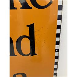 A large enamel advertising sign for Brooke Bond tea, detailed 'Brooke Bond Tea is good tea' in black lettering upon an orange ground with black and white chequered border, H101.5cm, W76cm. 