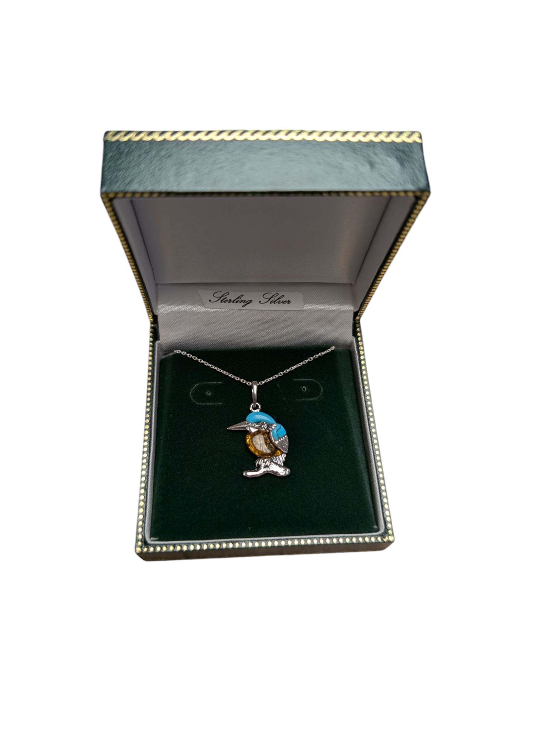 Silver turquoise and Baltic amber kingfisher pendant necklace, stamped 925, boxed
