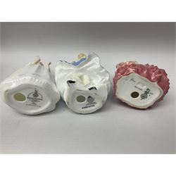 Five Royal Doulton figures, including Shore Leave HN2254, The Old Balloon Seller HN1315, Rose HN1348 etc, together with Royal Worcester Coquette