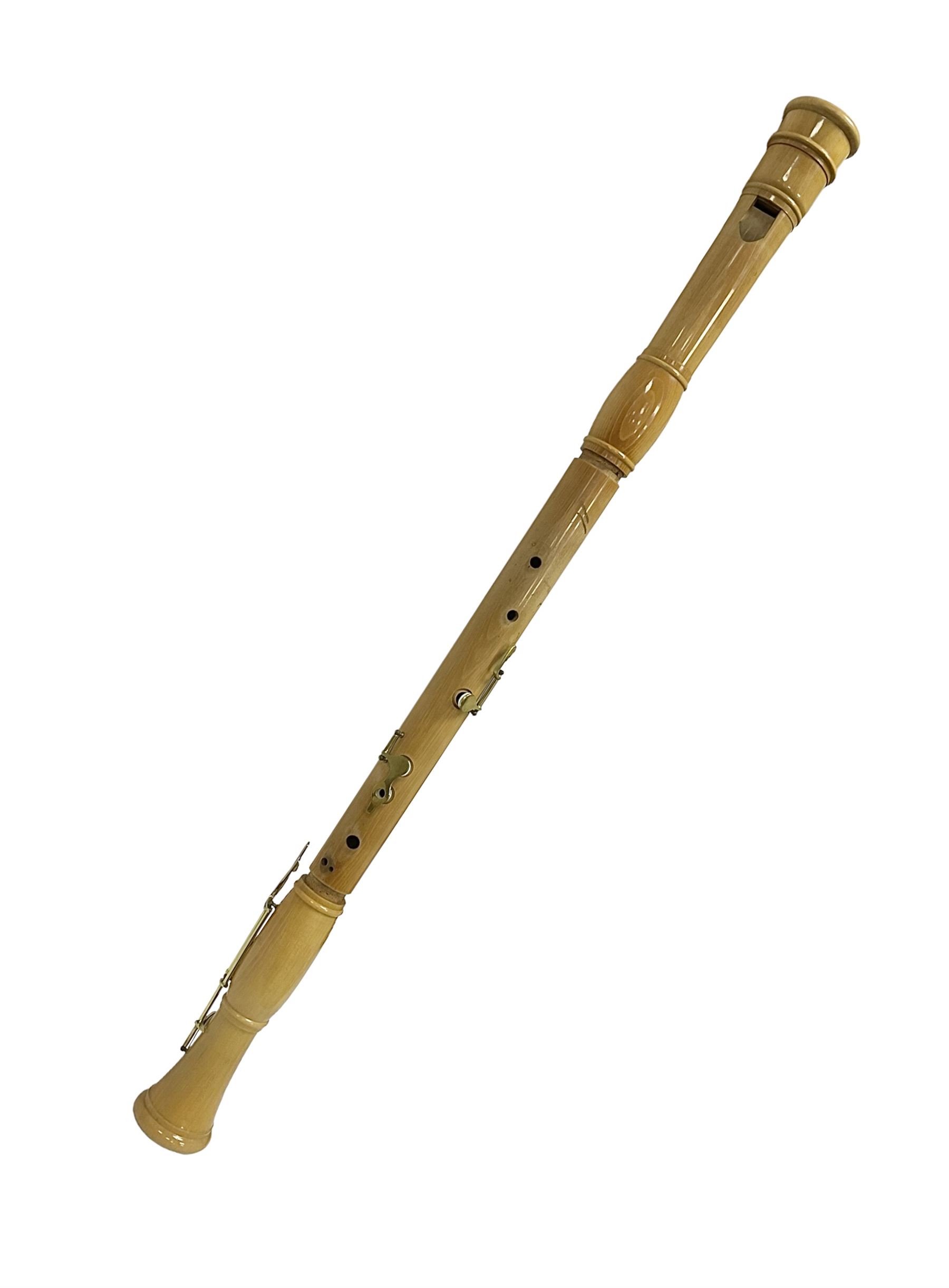 Wooden bass recorder, possibly by Roessler but unmarked, in fitted and lined case 