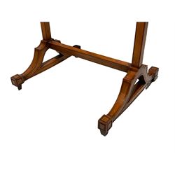 Late George III satinwood fire screen, upholstered in floral blue fabric, fold-down lipped tray with central figured walnut oval inlay, on splayed supports joined by stretchers 