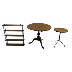 19th century mahogany tilt top tripod table, contemporary occasional tripod table on metal legs, and a wall hanging shelf (3)