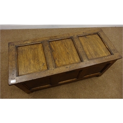  Early 19th century oak coffer, panelled hinged lid, stile end supports, W108cm, H48cm, D46cm  