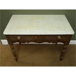  Victorian stained pine wash stand, single drawer, square tapering supports (W90cm, H75cm, D49cm) a similar pine table with single drawer, an oak sideboard with two drawers and cupboards and a pine side table with two drawers and turned supports (4)  