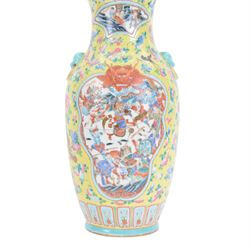 19th century Chinese famille rose yellow ground porcelain vase, of baluster form with twin applied mask ring handles, the body decorated with two shaped reserves mounted with dragon heads, depicting warriors at battle and at court, the neck with two smaller conforming figural reserves, upon a yellow ground decorated with exotic birds amidst scrolling blossom, H45.cm