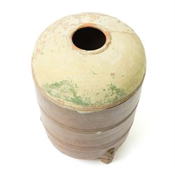 Chinese Han dynasty (202BC-9AD) brown glazed grain store, of cylindrical form, the feet formed as lions,  H26cm