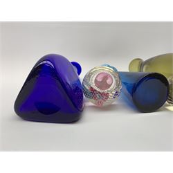 Kosta Boda decanter bottle, c1960, designed by Erik Höglund (1932-1998), in a triangular pressed form, engraved pattern number H1250/250, a clear glass decanter with bubble inclusion, probably Kosta Boda, two Scandinavian glass vases, ochra glass vase, Isle of Wight glass paperweight, Caithness glass paperweight & vase (8)