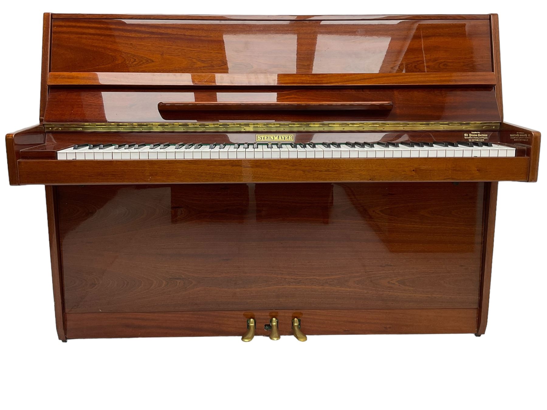 Steinmayer upright series 108 piano in sapele mahogany case, with an overstrung Iron frame and underdamper action, sustain, sostenuto and practise pedal, full compass seven octave 88 note keyboard serial Number 97050003 