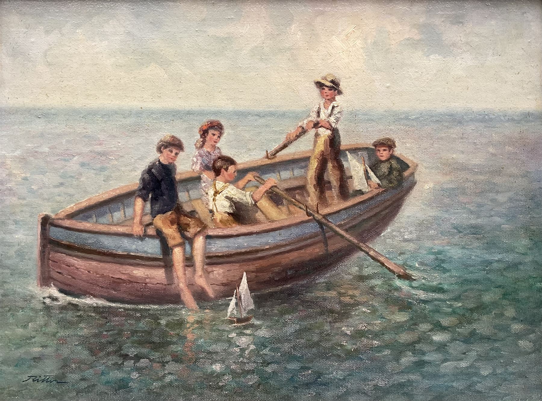 Laszlo Ritter (Hungarian 1937-2003): 'Five in a Boat', oil on canvas board signed, titled verso 29cm x 39cm