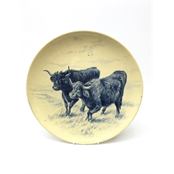  Victorian Mintons wall charger painted in underglaze blue with Cows in a field, signed J.E impressed marks, D34.5cm  