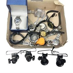 Collection of wristwatches, makers including Bulova and Ingersoll, and some watch makers equipment including glasses, vice and watch back opener