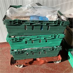 Various takeaway food containers, plastic cups, wooden stirrers, forks, sauce pots and other in 6 trays with dolly - THIS LOT IS TO BE COLLECTED BY APPOINTMENT FROM DUGGLEBY STORAGE, GREAT HILL, EASTFIELD, SCARBOROUGH, YO11 3TX
