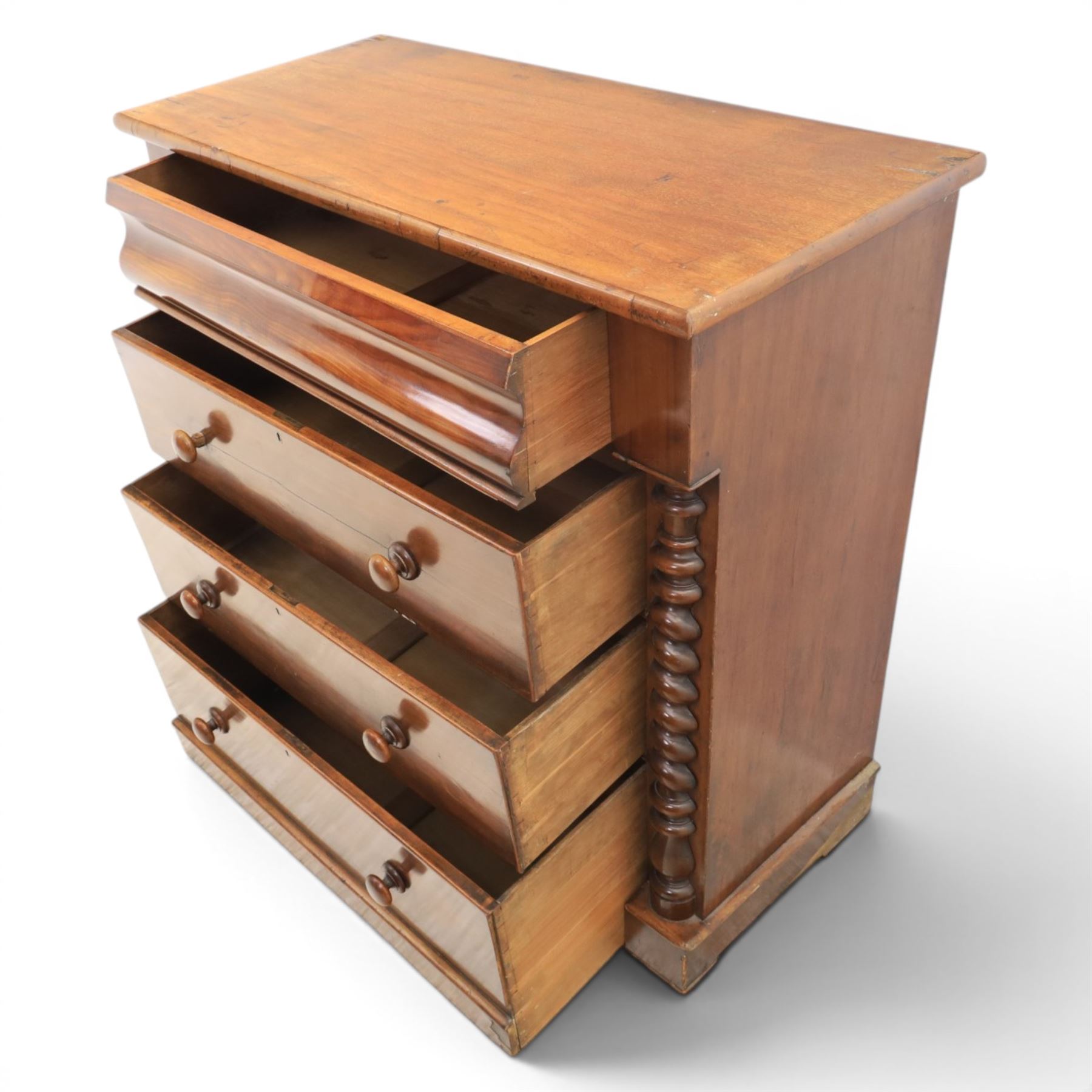 William IV style mahogany chest, rectangular moulded top over cushion-moulded frieze drawer and three long drawers with turned wooden handles, flanked by rope-twist turned pilasters, on plinth base