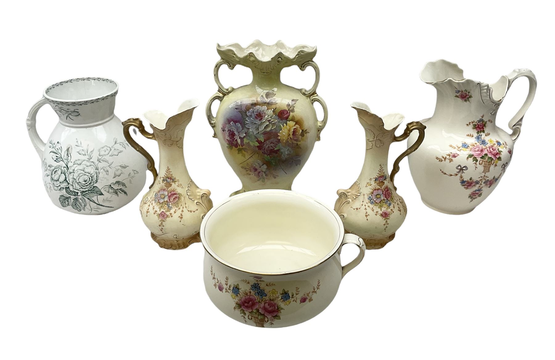 Fieldings Crown Devon Windsor pattern wash jug and bowl, together with two blush ivory ewers and other Victorian ceramics to include twin handled vase of flattened form and jug, tallest H36cm