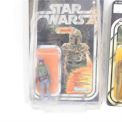 Kenner Star Wars Boba Fett action figure with C.P.G 1979 Hong Kong to back of legs, with a modern printed vintage style Kenner backing card, together with a 3 3/4 inch Chewbacca action figure, recarded on a Kenner backing card