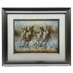 R Sarland (Continental 20th/21st century): Polo Ponies In Full Gallop, oil on canvas board signed 31cm x 41cm