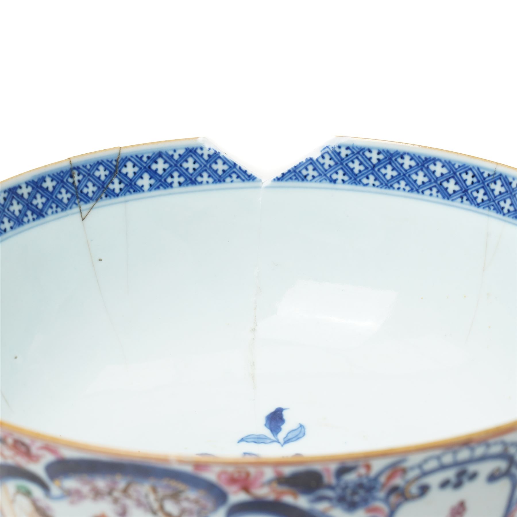 19th century Chinese famille rose punch bowl, decorated with panels of traditional scenes within blue decoration, D26cm 