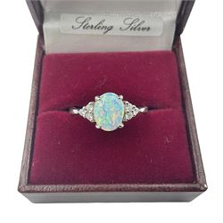 Silver cubic zirconia and opal cluster ring, stamped 925, boxed 