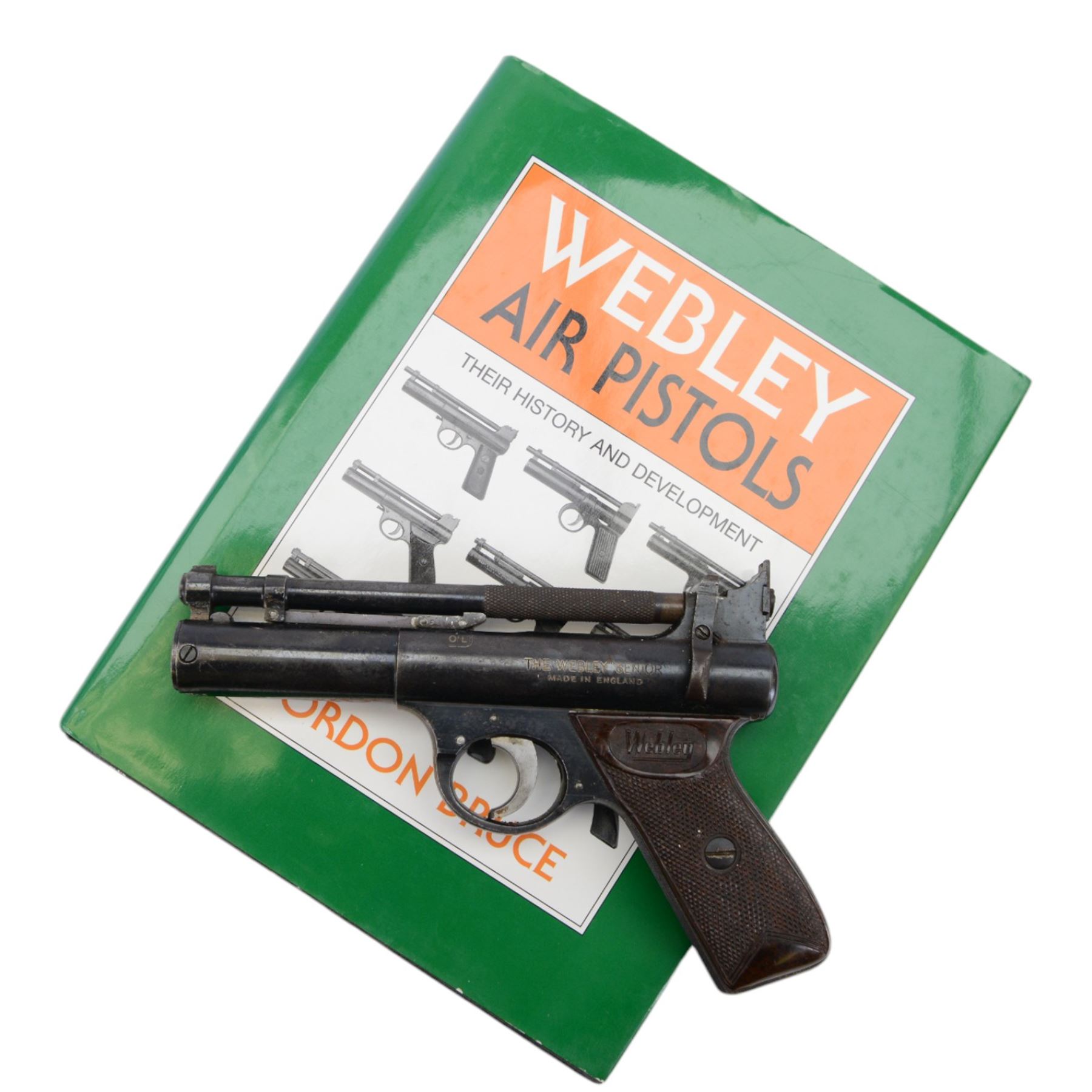 Webley Senior .22 air pistol, batch 209, the air chamber marked The Webley Senior, made in England, Webley & Scott Ltd Birmingham 4, Webley Patent, with checkered grip, H14cm, L19cm, together with book Webley Air Pistols; their history and development by Gordon Bruce 