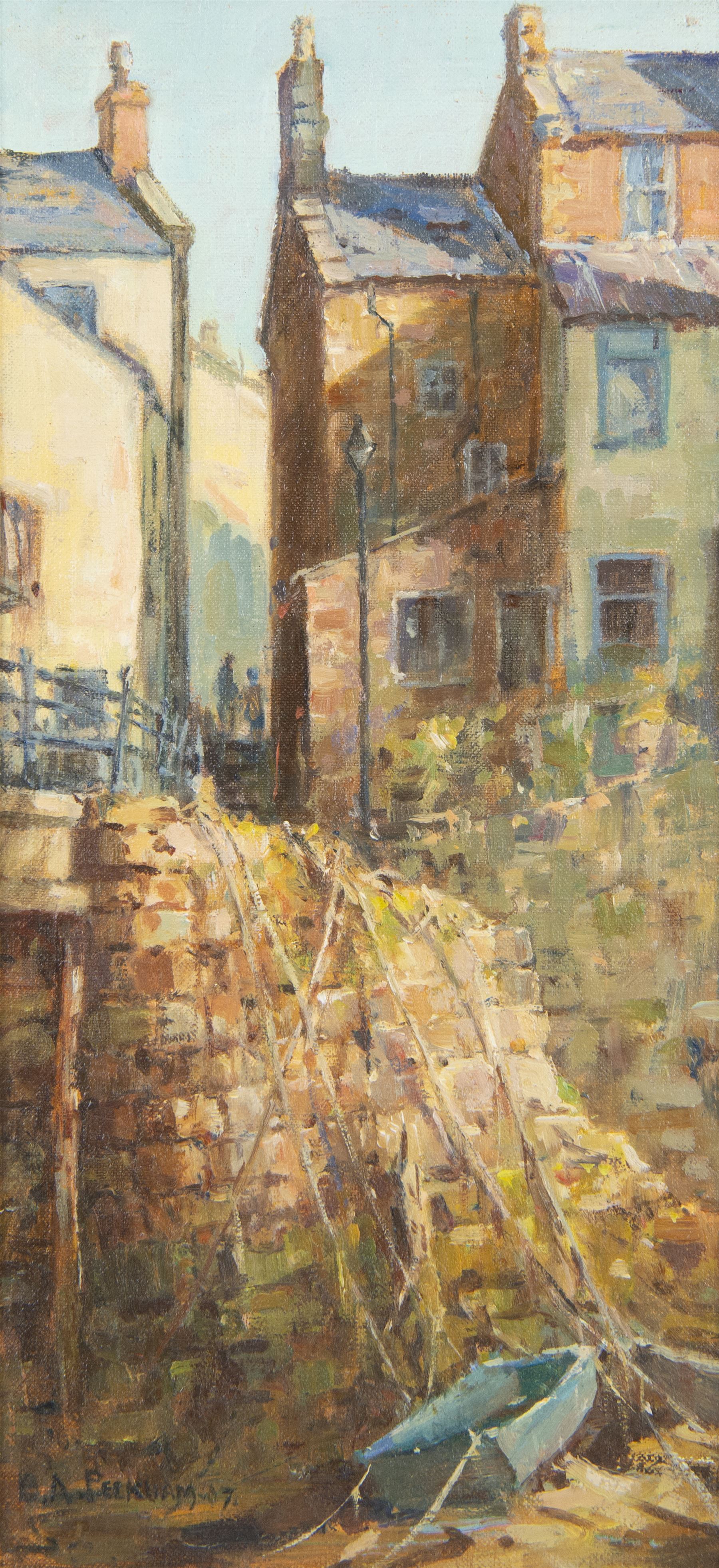 Barry Arthur Peckham ROI SEA RSMA (British 1945-): 'The Alleyway Staithes', oil on board signed and dated '07, 31cm x 14cm
Provenance: purchased Talents Fine Art, Malton, Yorkshire, labelled verso